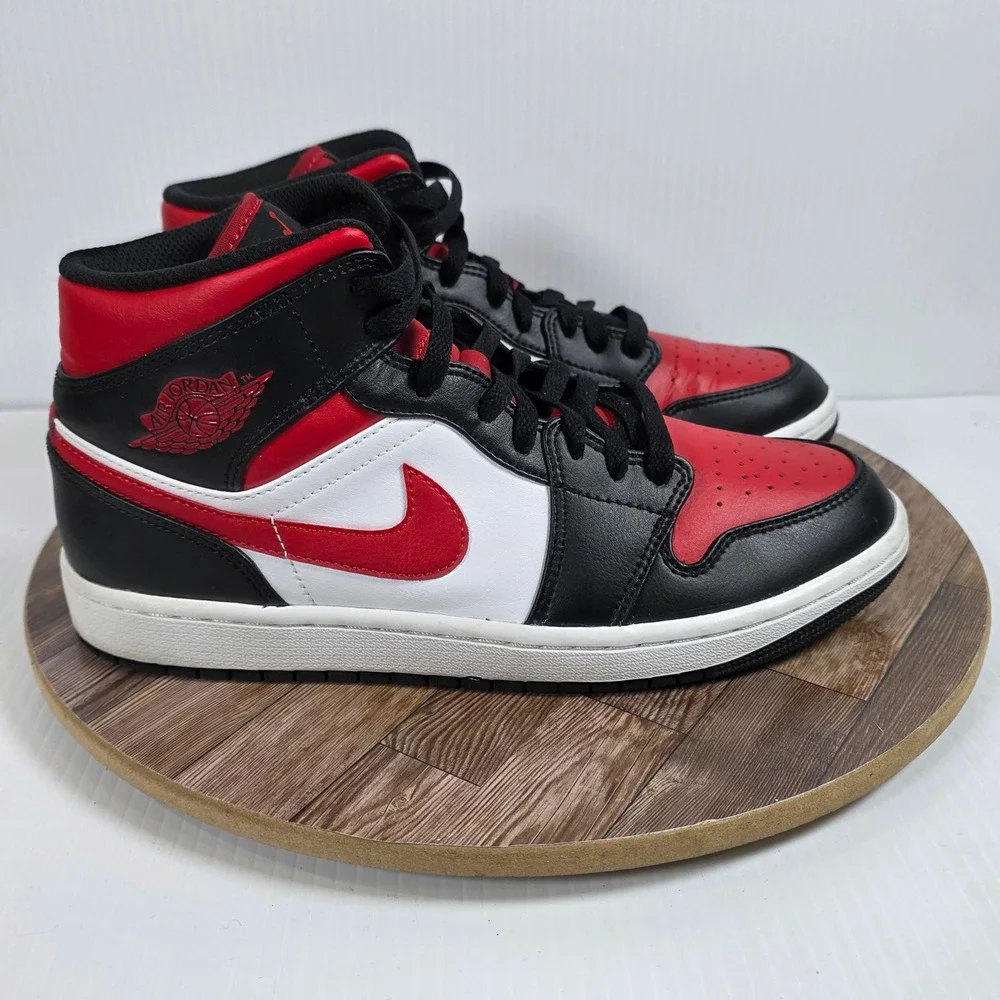 Nike Air Jordan 1 Mid Bred Toe Red/Black/White Leather Sneakers Size 8